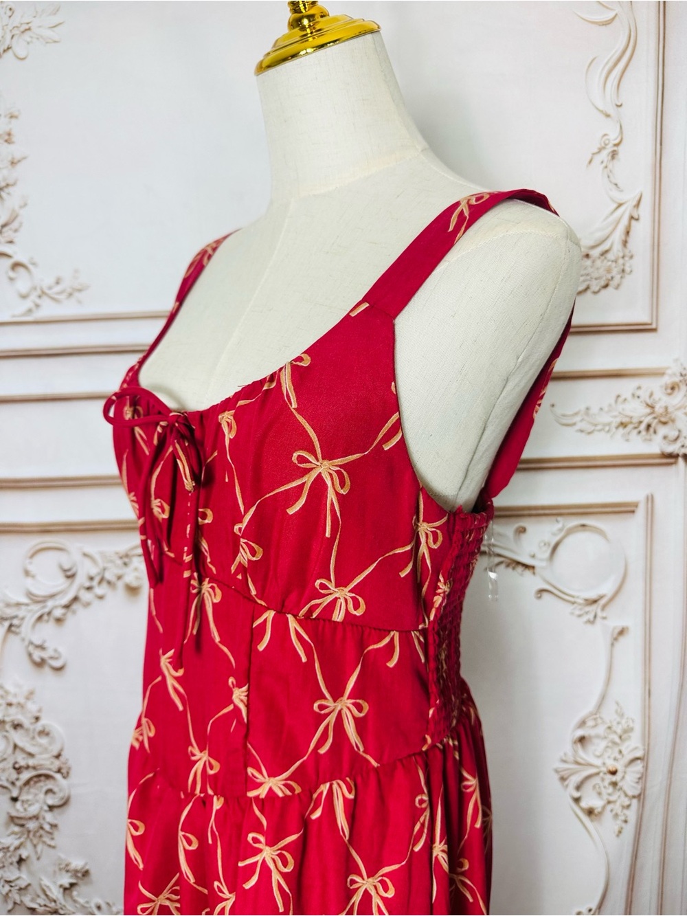 3 for $36 Sale Red Bow-Print Tie-Front Midi Dress - Picture 3 of 13